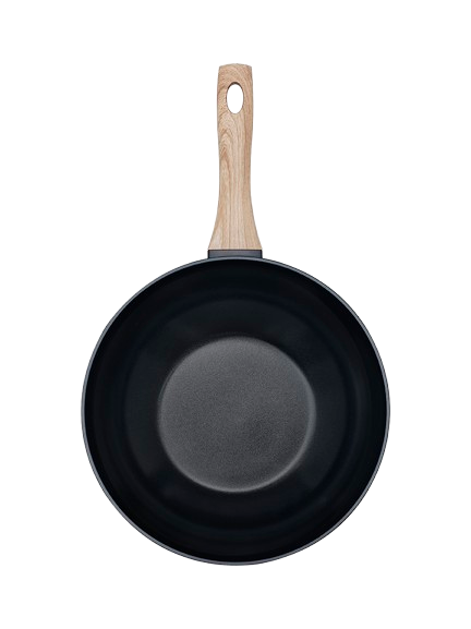 Wok de couleur noir Pyrex® vu de haut en aluminium recyclé avec un revêtement anti-adhésif et un manche effet bois.