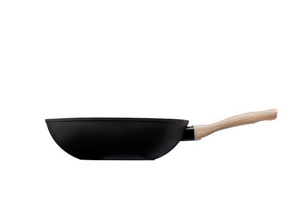 Wok de couleur noir Pyrex® vu de côté en aluminium recyclé avec un revêtement anti-adhésif et un manche effet bois.