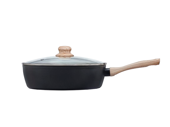 Sauteuse noir Pyrex® vue de côté en aluminium recyclé avec un revêtement anti-adhésif, son couvercle en verre et un manche effet bois.