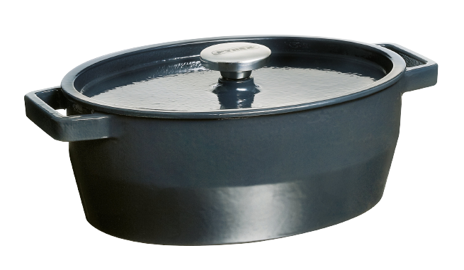 Cocotte ovale en fonte Pyrex® de couleur grise.