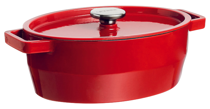 Cocotte ovale en fonte Pyrex® de couleur rouge.