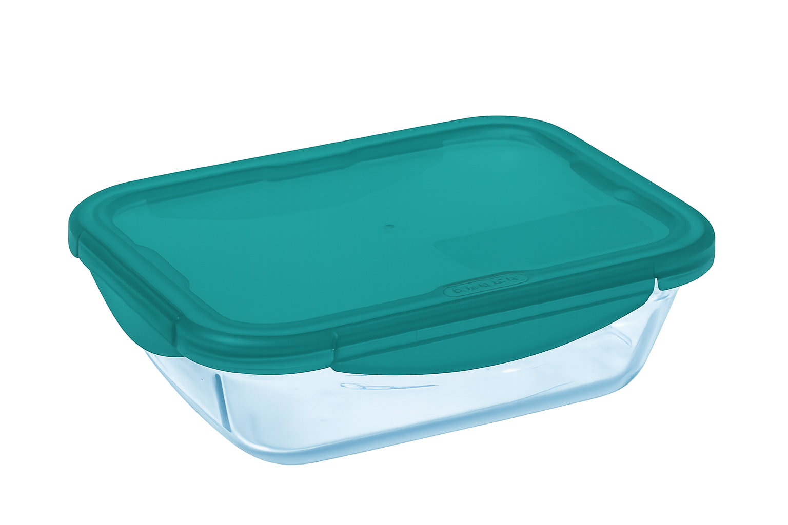 Boite de conservation rectangulaire en verre avec couvercle étanche en plastique de couleur verte.