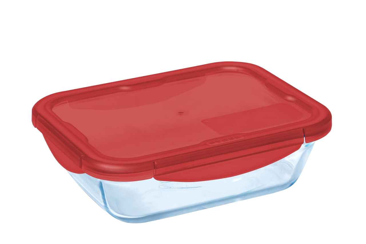Boite de conservation rectangulaire en verre avec couvercle étanche en plastique de couleur rouge.