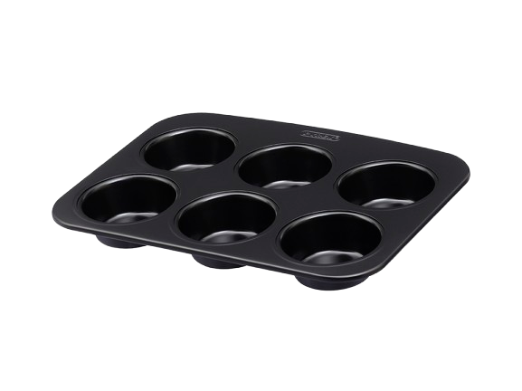 Moule à muffins de 6 cavités en métal avec revêtement anti-adhésif et une large poignée pour une prise en main facile.