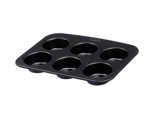 Moule à muffins de 6 cavités en métal avec revêtement anti-adhésif et une large poignée pour une prise en main facile.