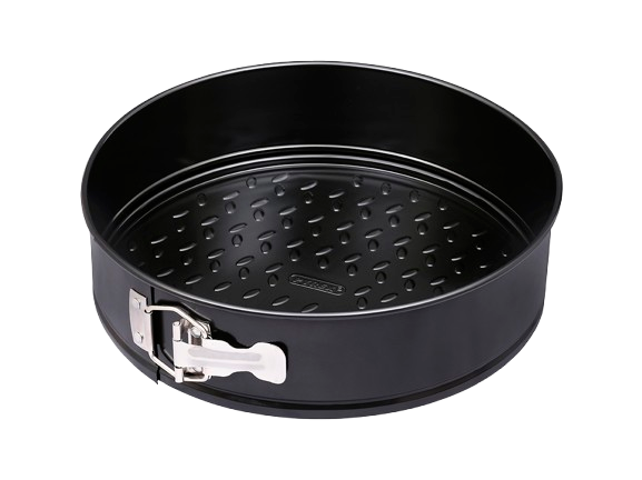 Moule à charnières rond en métal anti-adhésif de couleur noire.