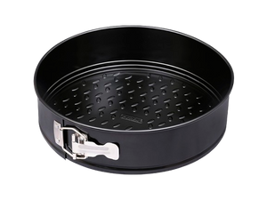 Moule à charnières rond en métal anti-adhésif de couleur noire.