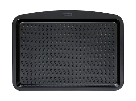 Plaque de cuisson rectangulaire avec revêtement anti-adhésif de couleur noire, vue de haut.