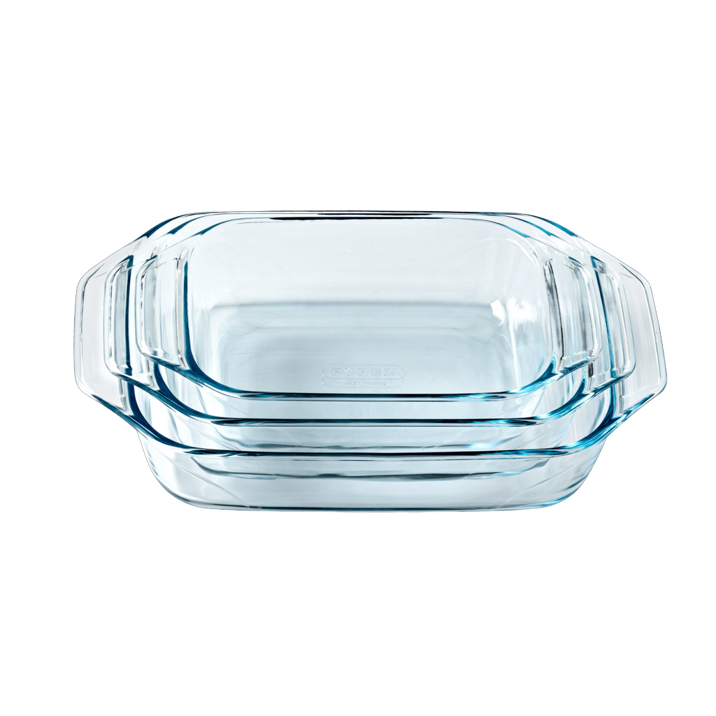 Lot de trois plat à four en verre Pyrex® avec prise en main facile.