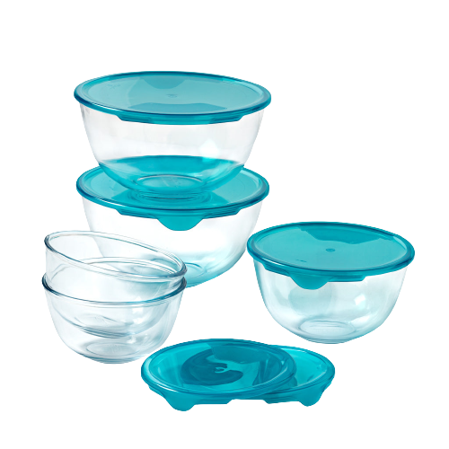 Lot de cinq bols en verre avec couvercles en plastique de couleur bleue.