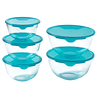Lot de cinq bols en verre avec couvercles en plastique de couleur bleue.