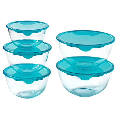 Lot de cinq bols en verre avec couvercles en plastique de couleur bleue.