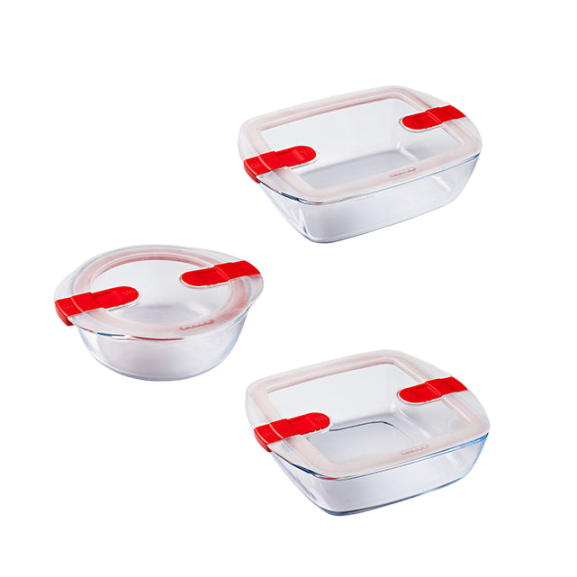 Cook&Heat - Lot de 3 plats de conservation en verre avec couvercle à valves vapeur