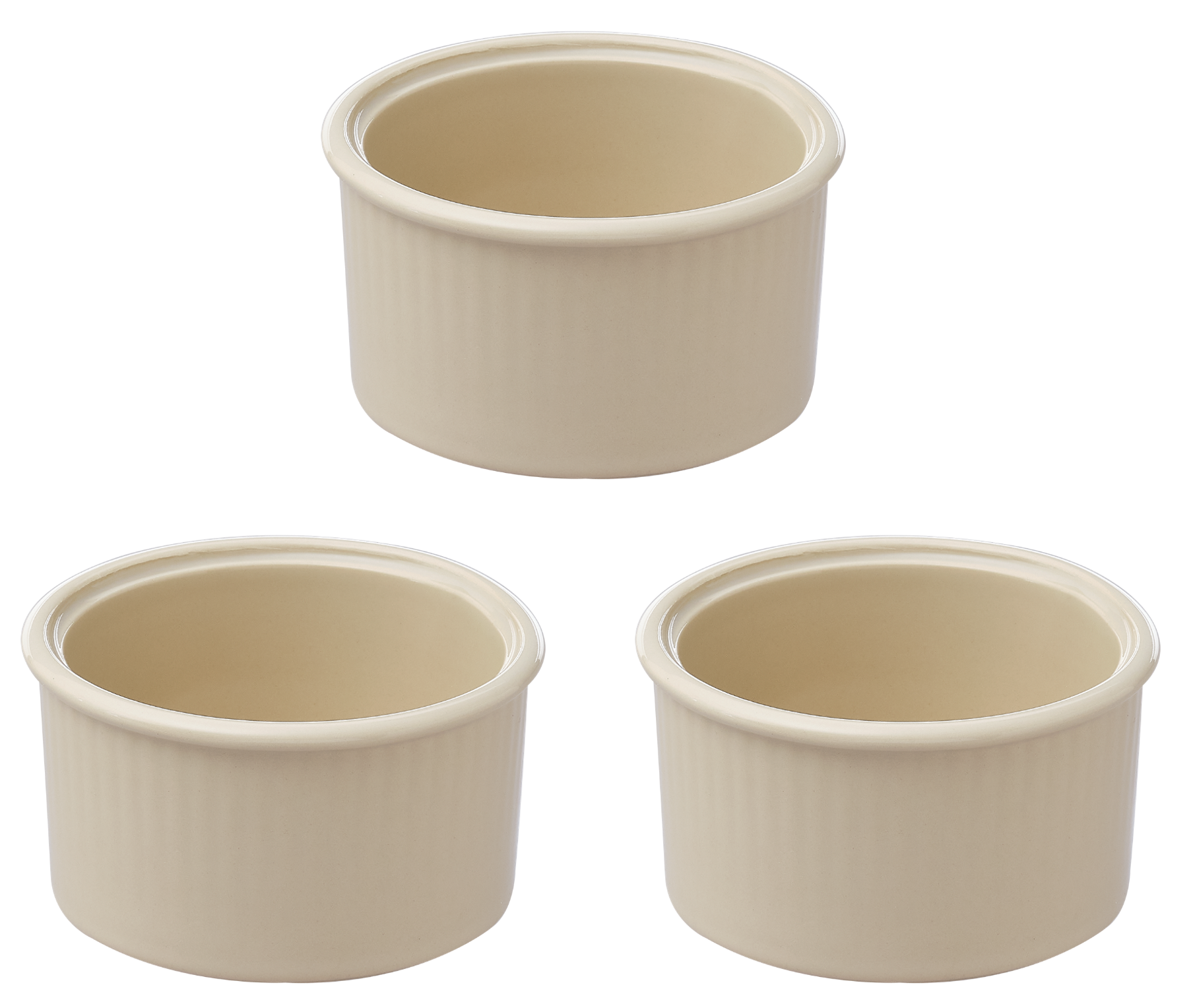 Lot de trois ramequins en céramique Pyrex® de couleur beige sable.