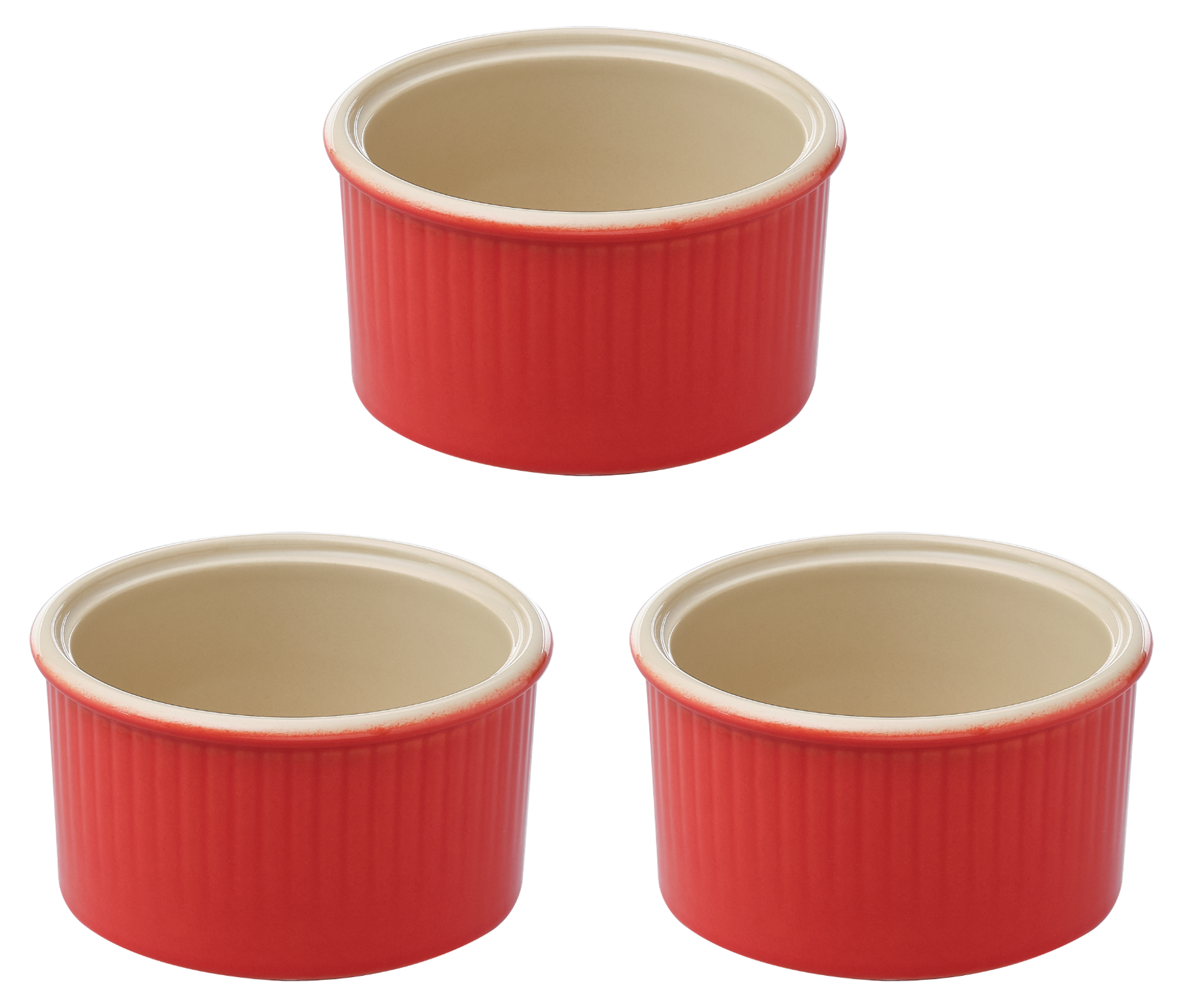 Lot de trois ramequins en céramique Pyrex® de couleur rouge corail à l'extérieur.