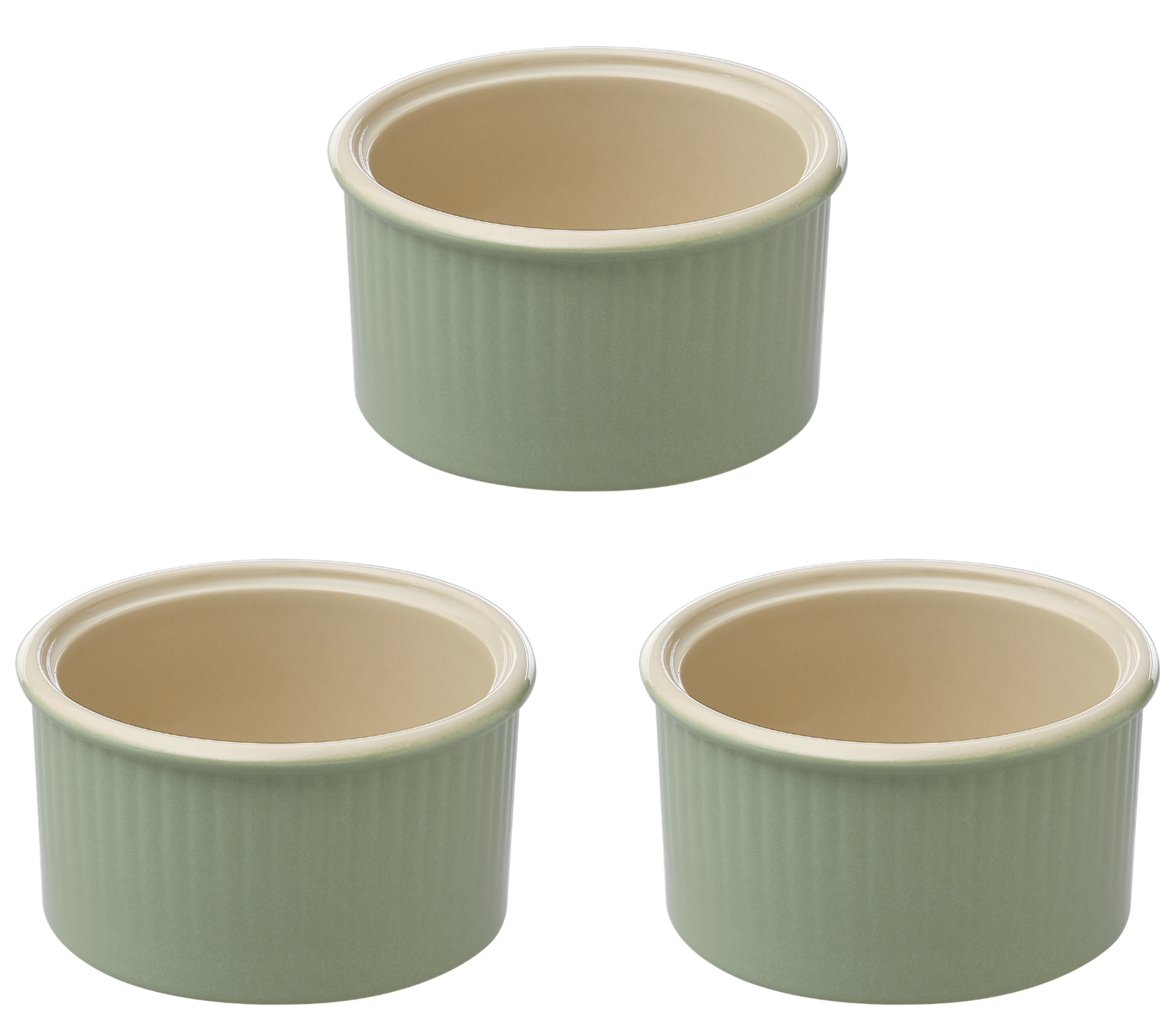 Lot de trois ramequins en céramique Pyrex® de couleur vert sauge à l'extérieur.
