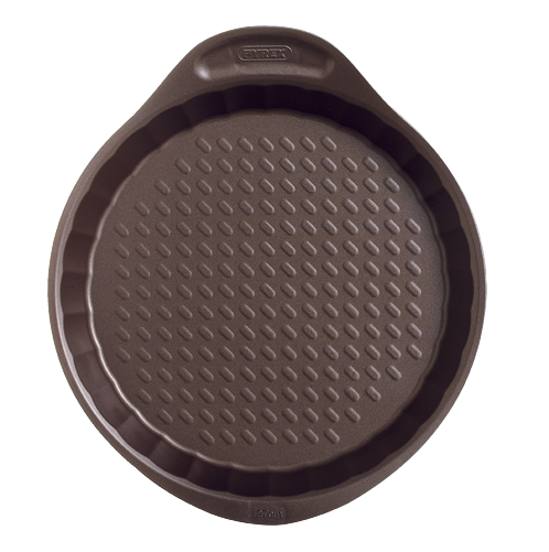 Moule à tarte en métal anti-adhésif vu de haut, avec larges poignées pour prise en main facile.