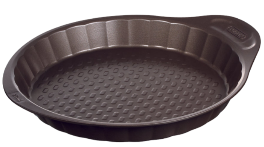 Moule à tarte en métal anti-adhésif avec larges poignées pour prise en main facile.