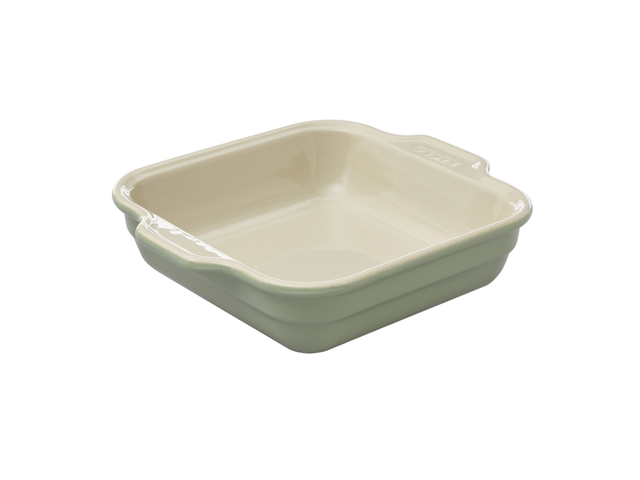 Plat à four carré en céramique Pyrex® de couleur vert sauge à l'extérieur.