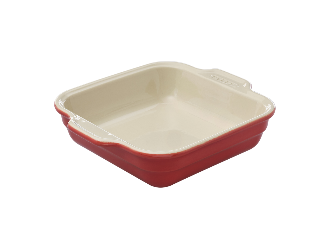 Plat à four carré en céramique Pyrex® de couleur rouge corail à l'extérieur.