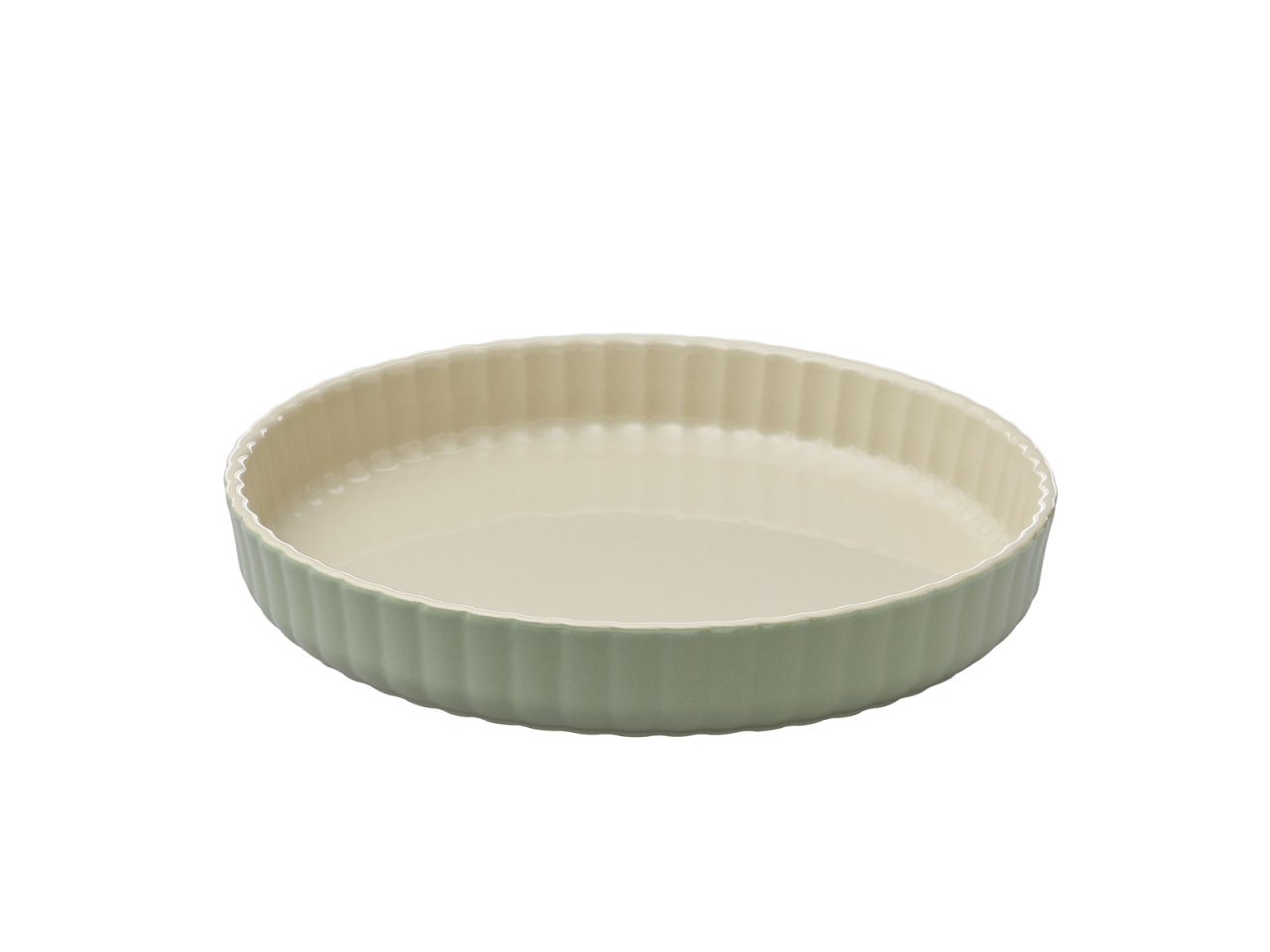 Moule à tarte en céramique Pyrex® de couleur vert sauge à l'extérieur.