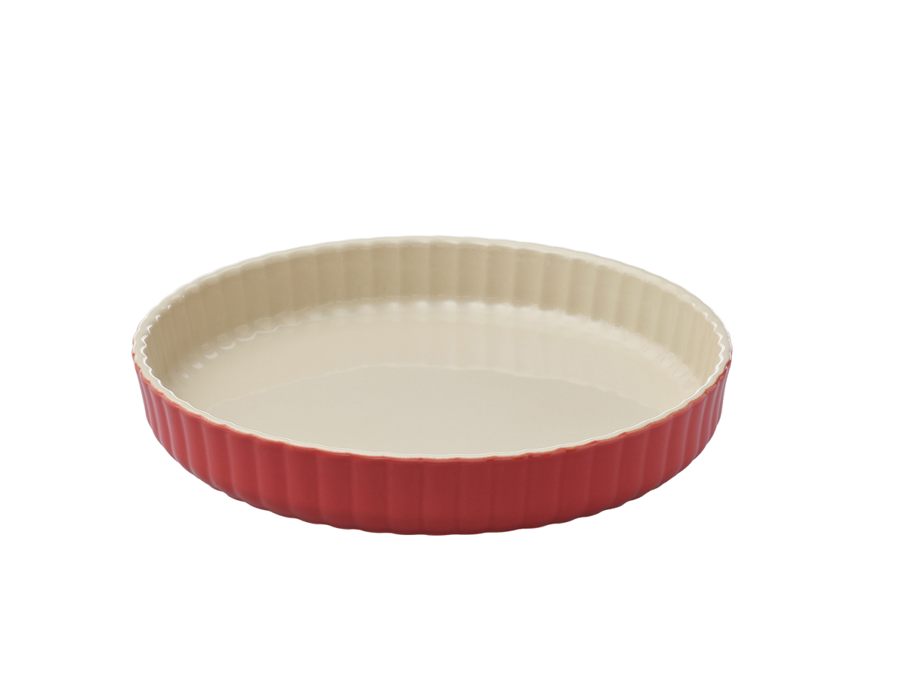 Moule à tarte en céramique Pyrex® de couleur rouge corail à l'extérieur.
