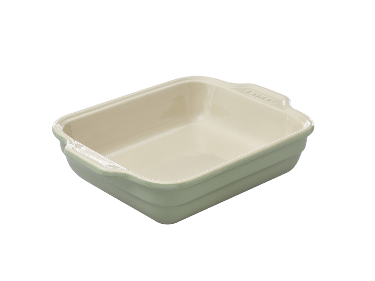 Plat à four rectangulaire en céramique Pyrex® de couleur vert sauge à l'extérieur.