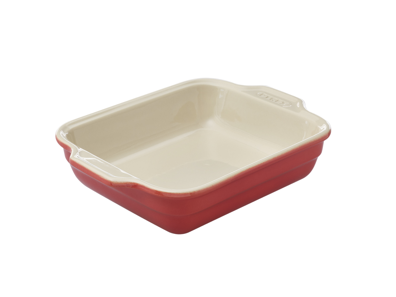 Plat à four rectangulaire en céramique Pyrex® de couleur rouge corail à l'extérieur.