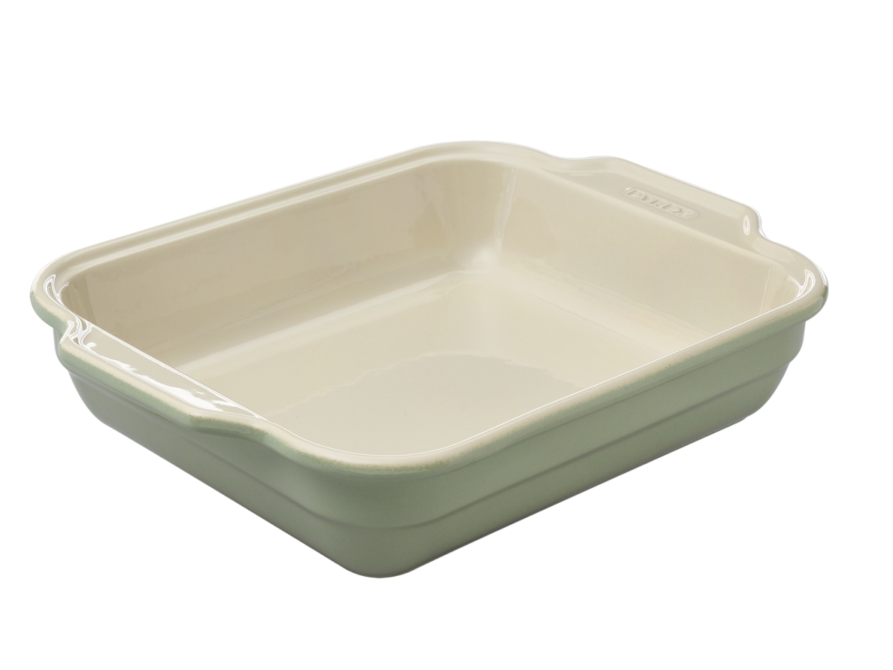 Plat à four rectangulaire en céramique Pyrex® de couleur vert sauge à l'extérieur.