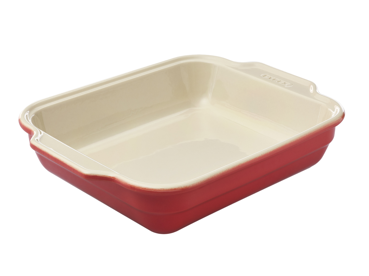 Plat à four rectangulaire en céramique Pyrex® de couleur rouge corail à l'extérieur.
