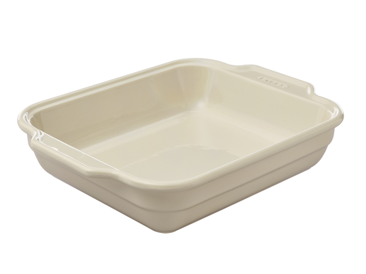 Plat à four rectangulaire en céramique Pyrex® de couleur beige sable à l'extérieur.