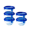 Lot de cinq petits bols de conservation en verre Pyrex® avec couvercle étanche de couleur bleue.