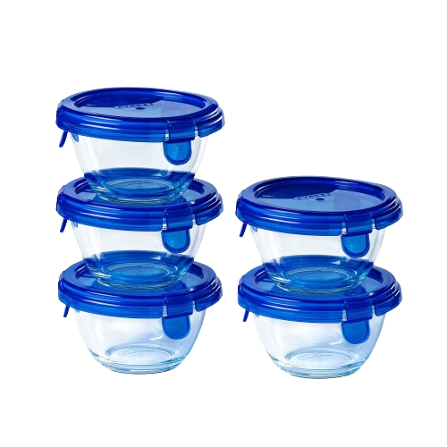 Lot de 5 pots de conservation bébé en verre avec couvercle étanche bleu violet marine- My First Pyrex+