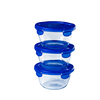 Lot de trois boites de conservation rondes en verre avec couvercle étanche en plastique de couleur bleue.