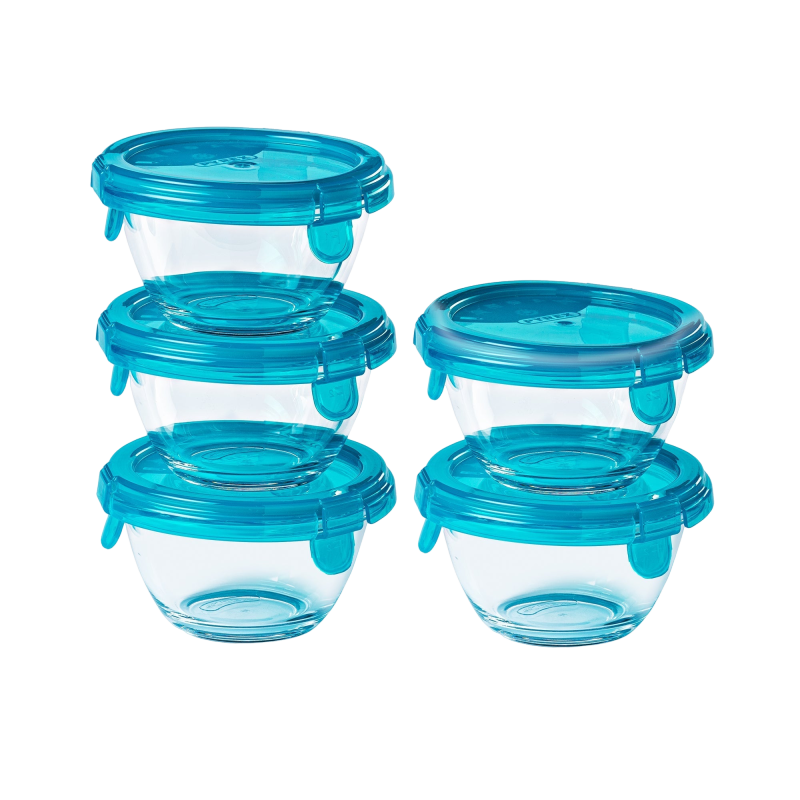 Lot de 5 pots de conservation bébé en verre avec couvercle étanche bleu  violet marine- My First Pyrex+