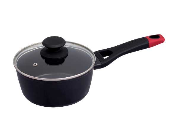Casserole de couleur noire Pyrex® en aluminium avec un revêtement anti-adhésif et son couvercle en verre.
