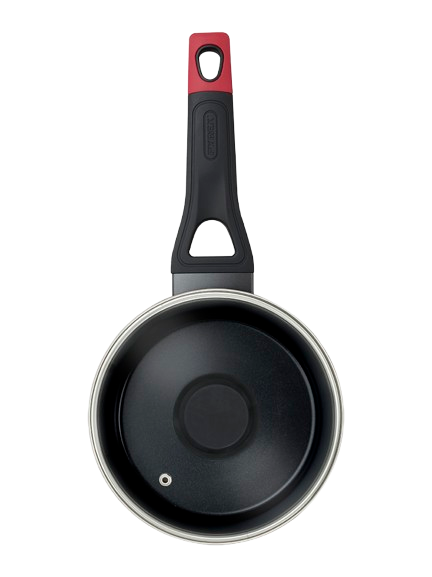 Casserole de couleur noire Pyrex® vue de haut en aluminium avec un revêtement anti-adhésif et son couvercle en verre.
