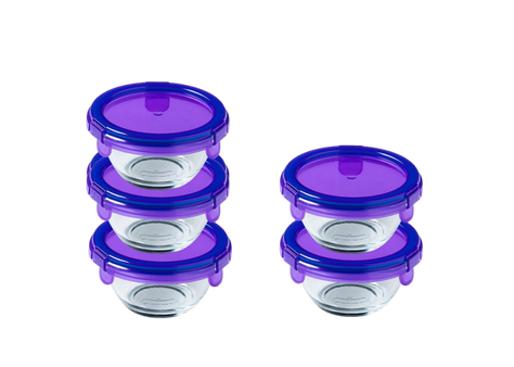 Lot de 5 pots de conservation bébé en verre avec couvercle étanche bleu violet marine- My First Pyrex+