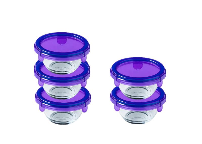 Lot de 5 pots de conservation bébé en verre avec couvercle étanche bleu violet marine- My First Pyrex+