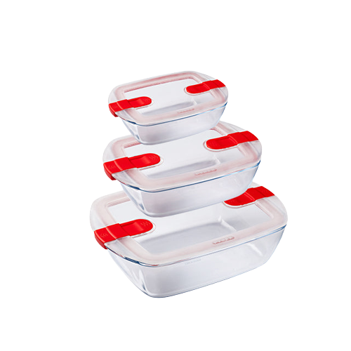 Cook&Heat - Lot de 3 plats de conservation en verre rectangulaires avec couvercle à valves vapeur