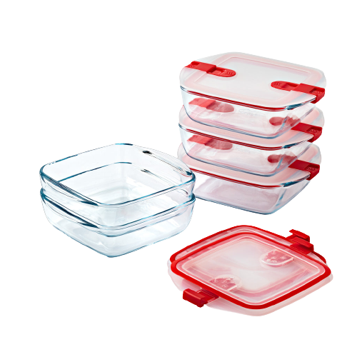 Lot de 5 plats en verre carrés avec couvercle à valves vapeur.