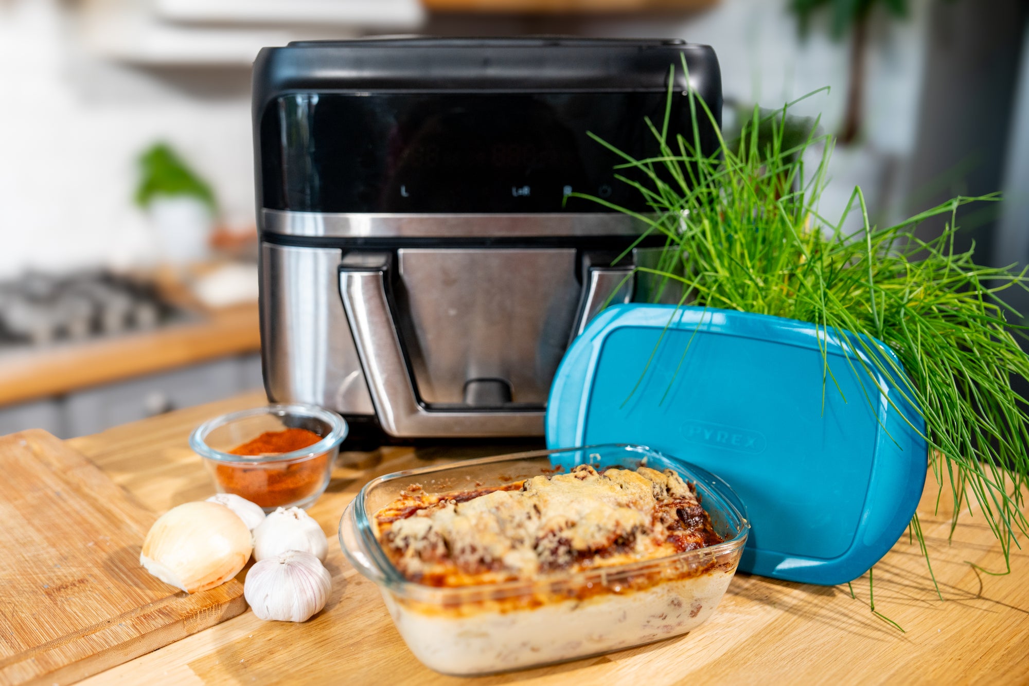 Cook & Store - Plat carré en verre avec couvercle bleu canard compatible "air fryer" (friteuse à air chaud)