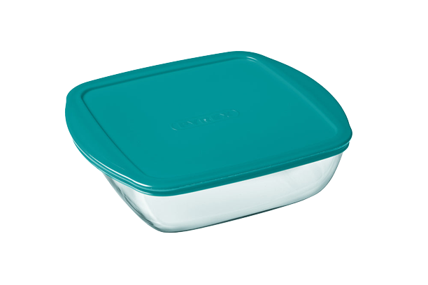 Plat carré en verre avec couvercle en plastique.