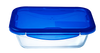 Boite de conservation rectangulaire en verre avec couvercle en plastique étanche de couleur bleue.