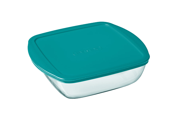 Plat carré en verre avec couvercle en plastique.
