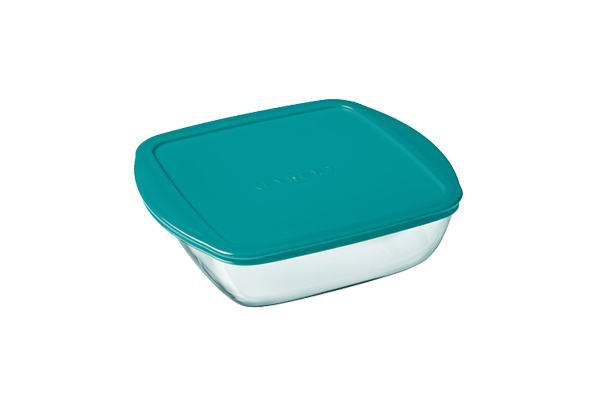 Plat carré en verre avec couvercle en plastique.