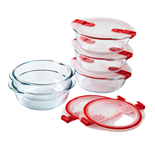 Lot de 5 plats en verre ronds avec couvercle à valves vapeur.