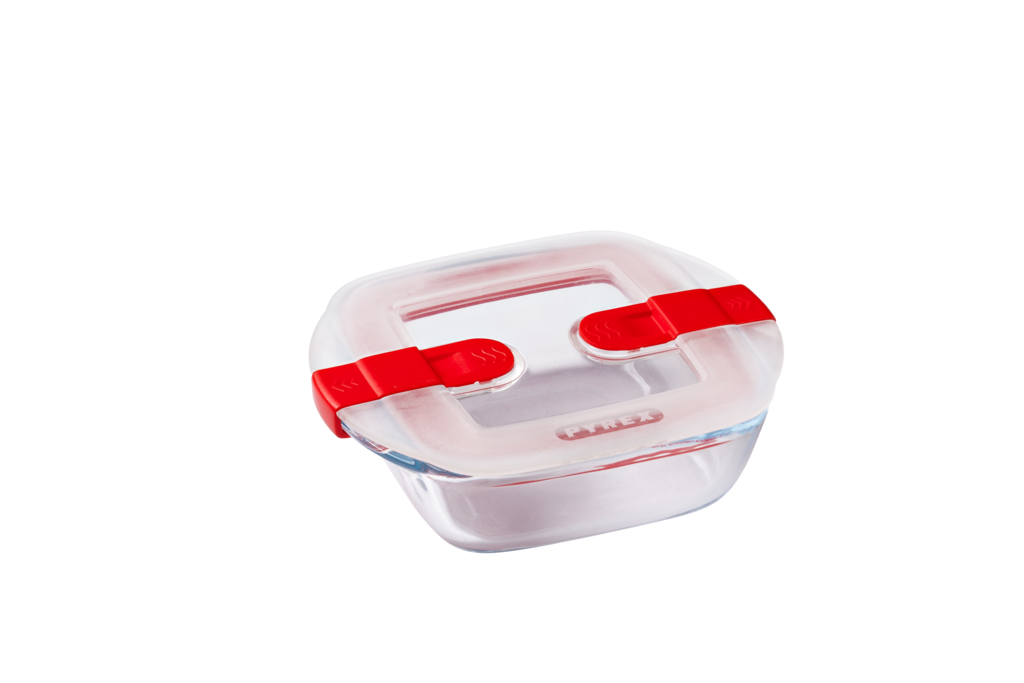Petit plat carré en verre avec couvercle à valves vapeur, compatible au micro-ondes.